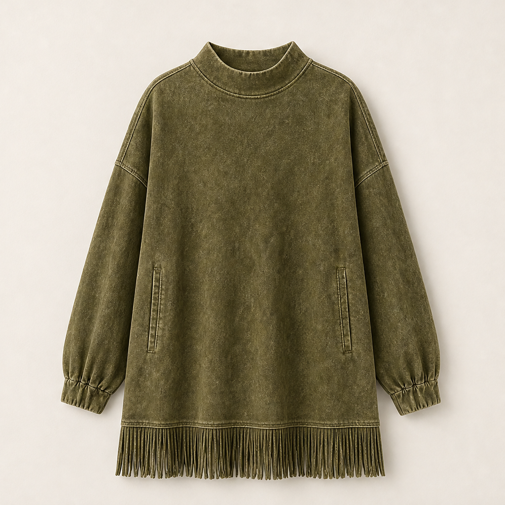 Varonne – Abito Dolcevita Effetto Denim con Frange Olive