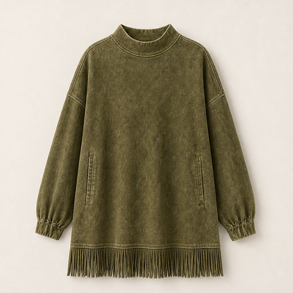 Varonne – Abito Dolcevita Effetto Denim con Frange Olive