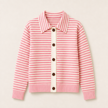 Marielle – Cardigan Girocollo a Righe in Maglia Pink