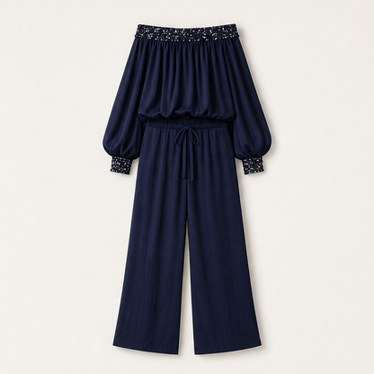 Marisol Women's Off-The-Shoulder Sequined Two-Piece Set - Wide Leg Drawstring Trousers Co-ord Navy