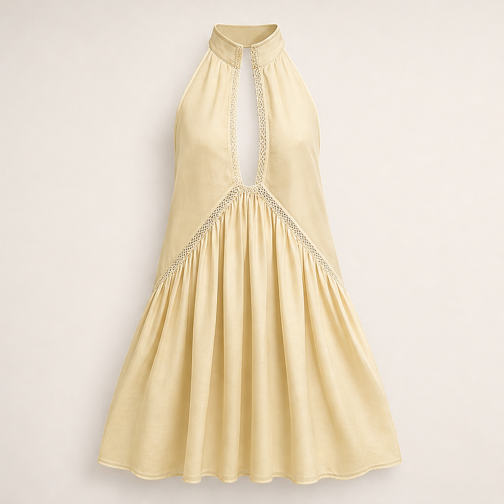 Marigold Miniabito Donna Senza Maniche con Scollo a V Profondo e Bordo in Pizzo - Abito Estivo Fluido con Collo all'Americana Giallo Pastello