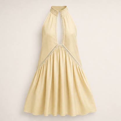 Marigold Miniabito Donna Senza Maniche con Scollo a V Profondo e Bordo in Pizzo - Abito Estivo Fluido con Collo all'Americana Giallo Pastello