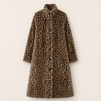 Velmara – Cappotto Leopardato Collo Alto in Eco-Pelliccia Brown