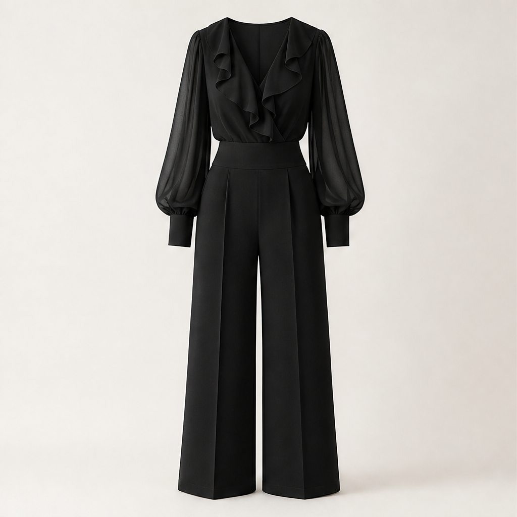 Adeline Women's Ruffled V-Neck Chiffon Top and Wide Leg Trousers Two Piece Set Black
