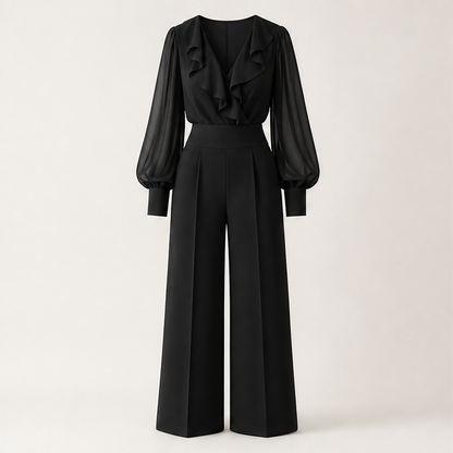 Adeline Women's Ruffled V-Neck Chiffon Top and Wide Leg Trousers Two Piece Set Black