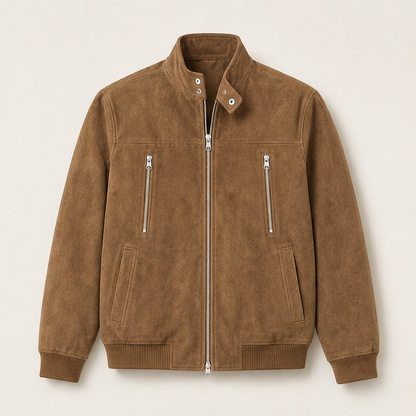 Velmara – Giacca Bomber Scamosciata Collo Coreano Camel