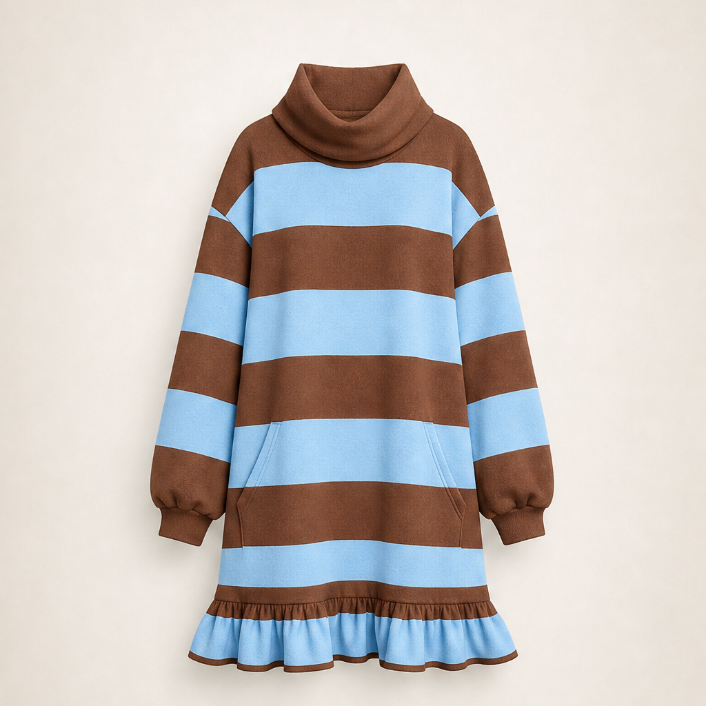 Verluna – Abito Felpa a Righe con Collo Alto e Balze Brown