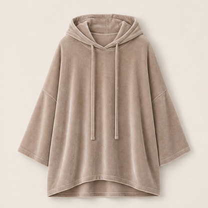 Velvora – Felpa con Cappuccio Spalle Scese in Velluto Beige