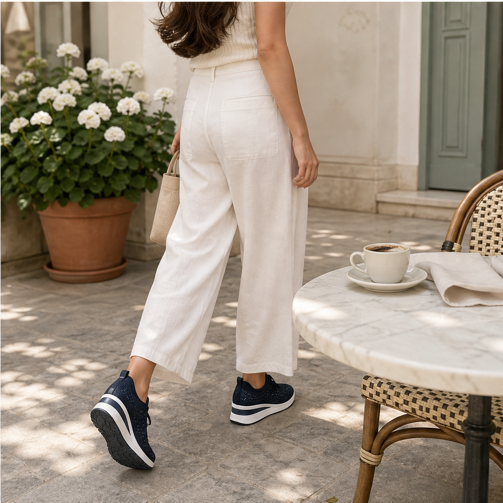 Sneakers Blu Navy in Mesh con Strass | Scarpe con Zeppa e Dettagli Brillanti – Traspiranti con Lacci