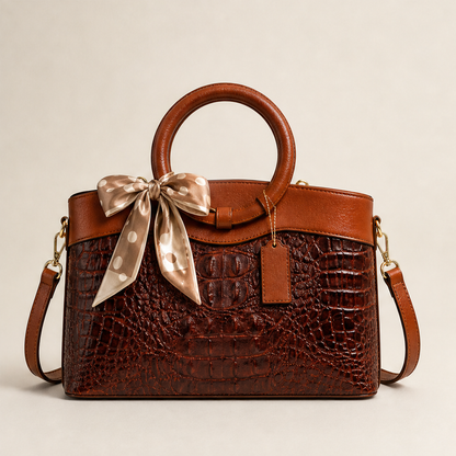 Ladrienne – Borsa in Pelle Effetto Coccodrillo con Manico ad Anello Brown