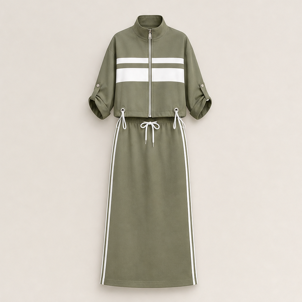 Varenza – Giacca Color-Block e Abito Midi, Set Due Pezzi Olive