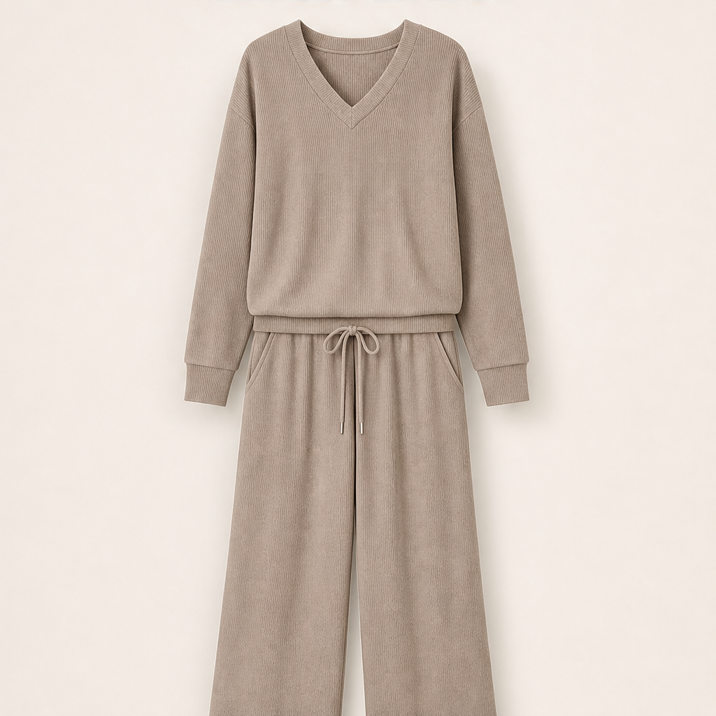 Morvena – Completo Scollo a V in Maglia Taupe