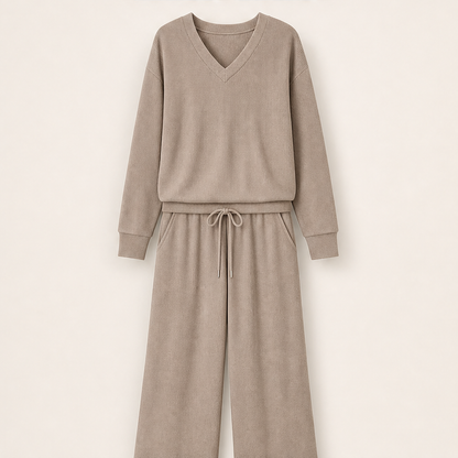 Morvena – Completo Scollo a V in Maglia Taupe