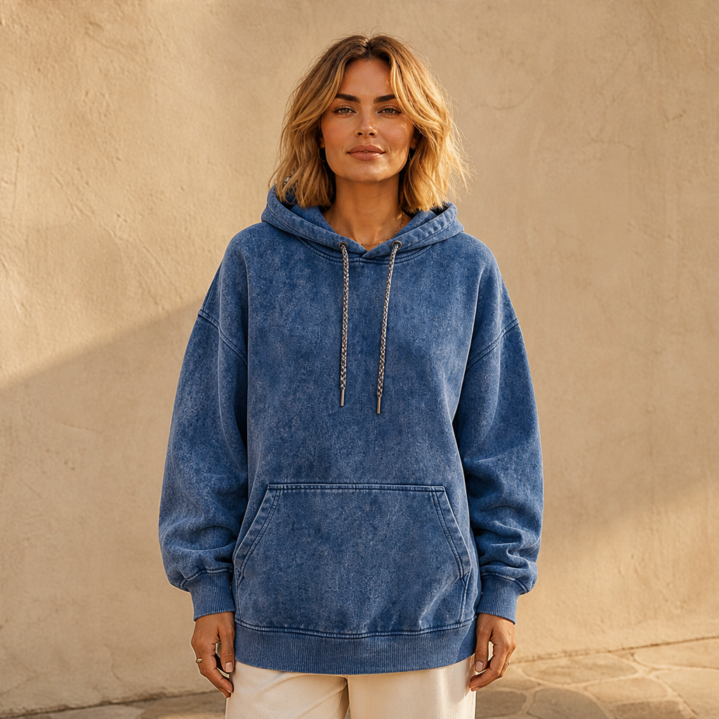 Varonne – Felpa Oversize Acid Wash con Cappuccio Navy