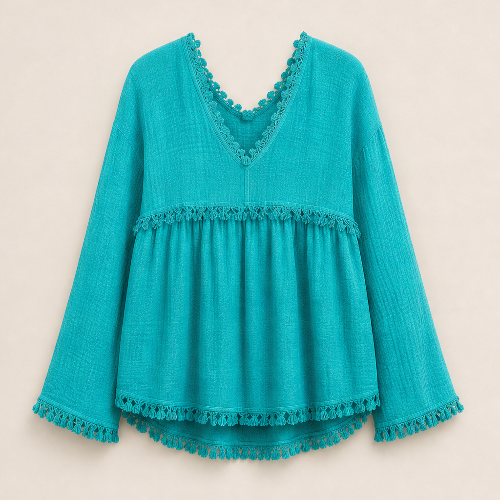 Taverosa – Blusa Babydoll con Frange e Scollo a V Turquoise