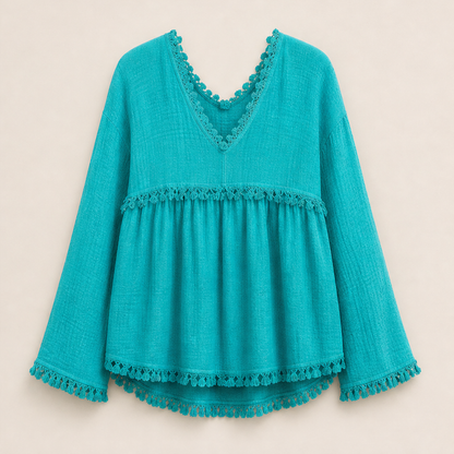 Taverosa – Blusa Babydoll con Frange e Scollo a V Turquoise