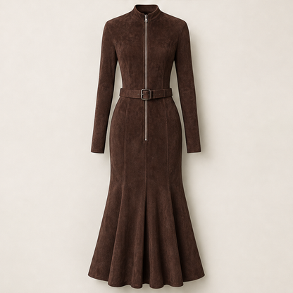 Velmora – Abito Lungo in Suede con Zip a Sirena Brown