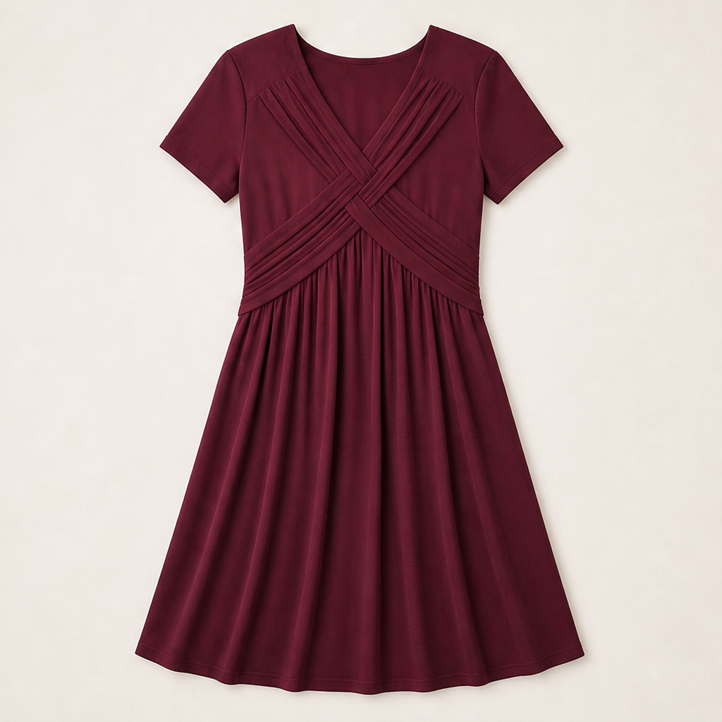 Verona Abito Donna Incrociato con Scollo a V Plissettato Linea ad A con Tasche - Abito Midi a Maniche Corte Bordeaux