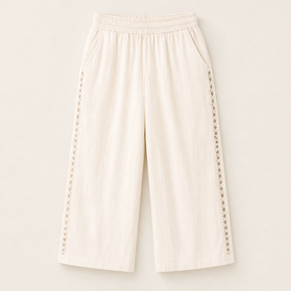 Lacerina – Pantaloni Capri Vita Alta con Pizzo Beige