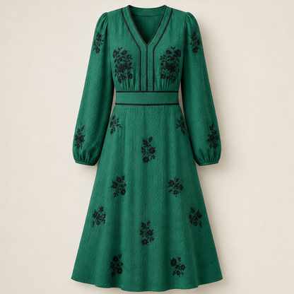 Velfiora – Abito Midi Ricamato a Maniche Lunghe Green