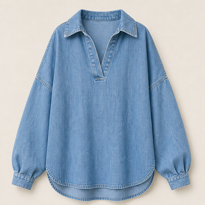 Vellira – Blusa Oversize in Denim Lavato con Scollo a V Light Blue