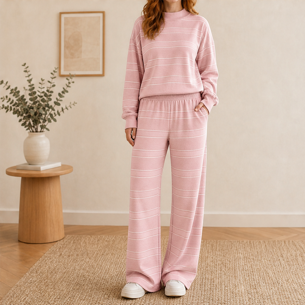 Marielou – Completo a Righe Collo Alto e Pantaloni Larghi Pink