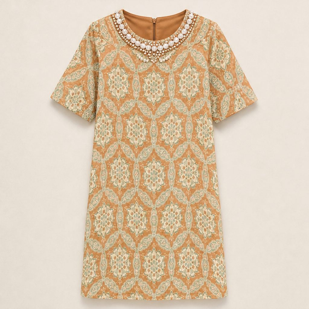 Varelume – Abito Shift Stampa Vintage Perline Camel
