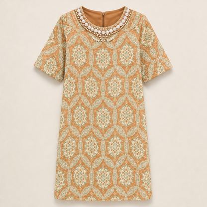 Varelume – Abito Shift Stampa Vintage Perline Camel
