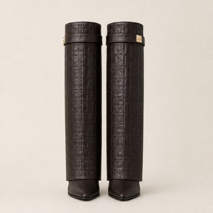 Coccara – Stivali Alti in Pelle Effetto Coccodrillo Brown