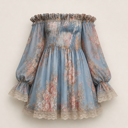 Rosalind Miniabito Donna Floreale in Chiffon con Spalle Scoperte e Corpetto Arricciato - Prendisole Boho con Bordo in Pizzo Floreale Blu
