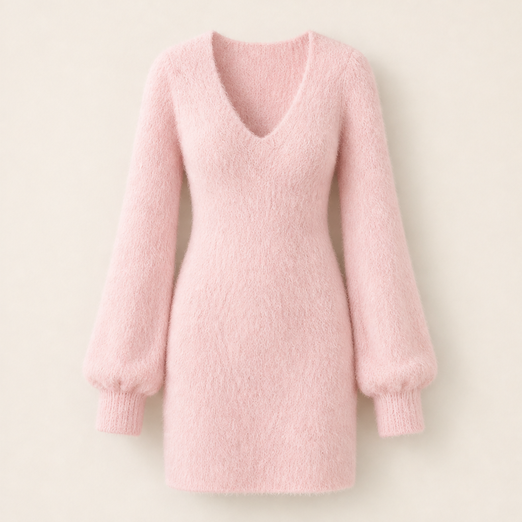 Morbiella – Minivestito in Maglia Fluffy Scollo a V Pink