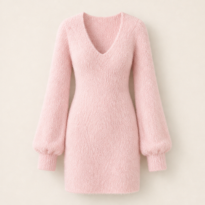 Morbiella – Minivestito in Maglia Fluffy Scollo a V Pink