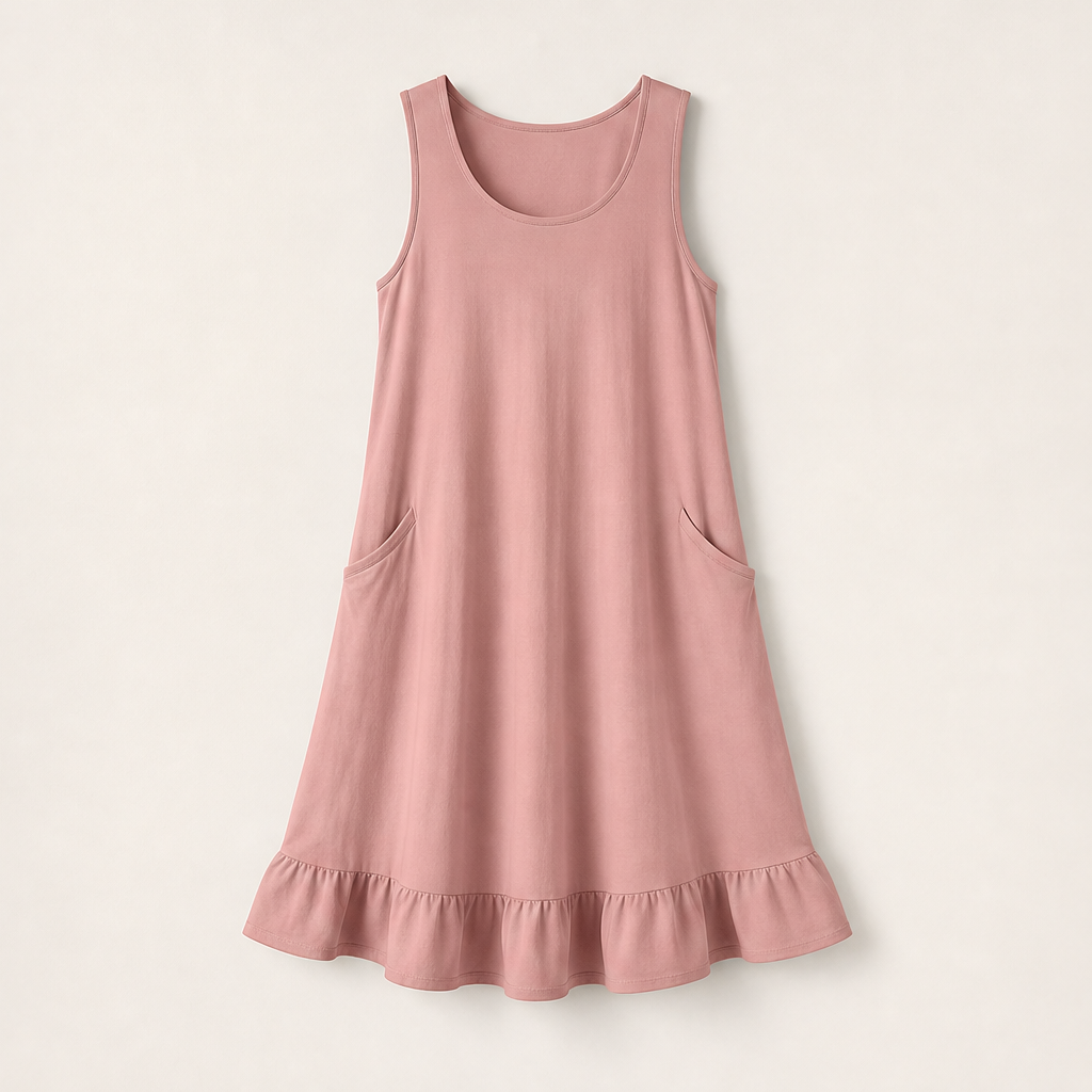 Marielle Abito Midi Donna Senza Maniche con Orlo a Volant e Doppie Tasche Frontali - Abito Estivo Casual in Misto Cotone Rosa Antico