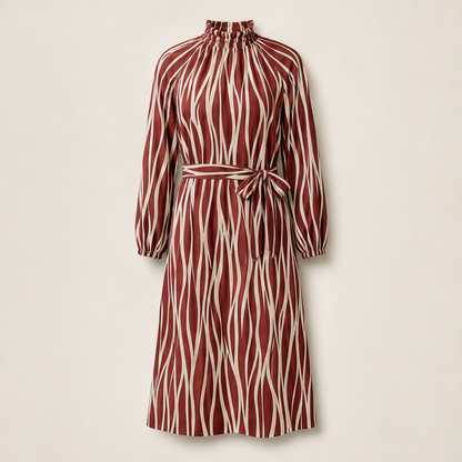 Velrosa – Abito Midi con Stampa Foglie Astratta Bordeaux