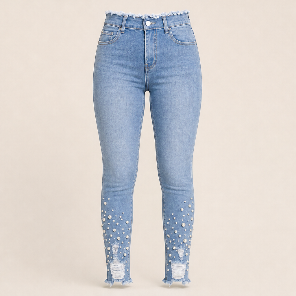Perlavia – Jeans Skinny con Perle e Orlo Sfrangiato Light Blue
