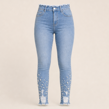 Perlavia – Jeans Skinny con Perle e Orlo Sfrangiato Light Blue