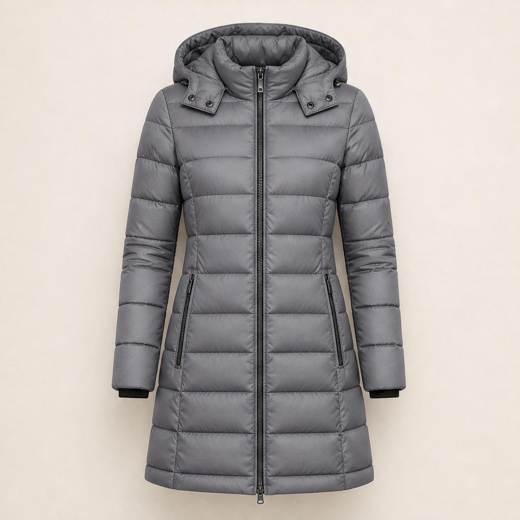 Novanne – Piumino Lungo Trapuntato con Cappuccio Grey