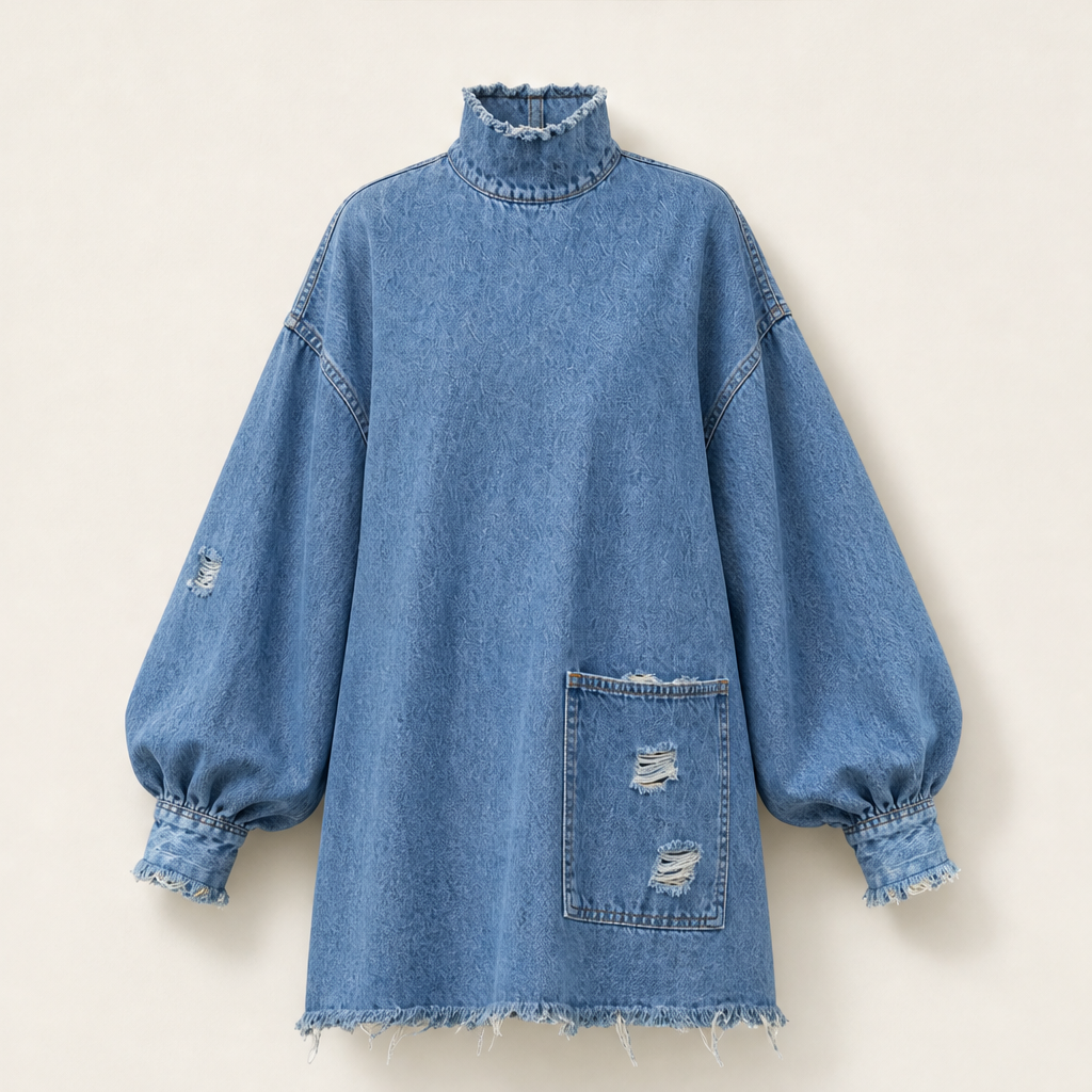 Verano – Minivestito di Denim Oversize con Collo Alto Blue