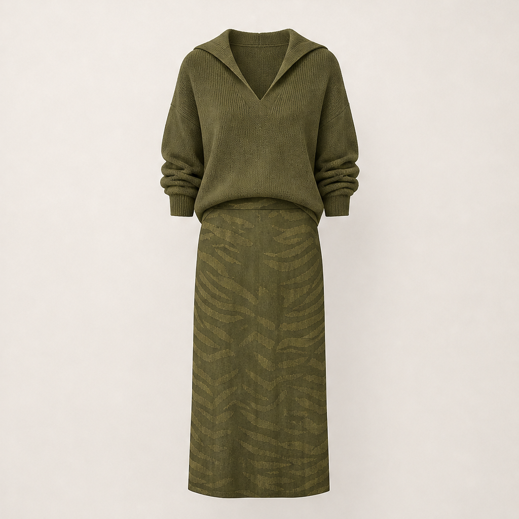 Savenza – Maglia con Colletto e Gonna Midi Zebrata, Set Due Pezzi Olive Green