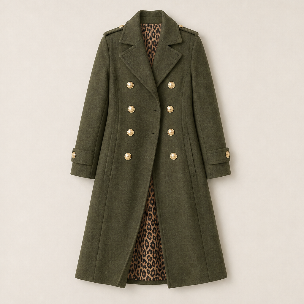 Voralie – Cappotto Lungo in Lana Stile Militare Olive Green