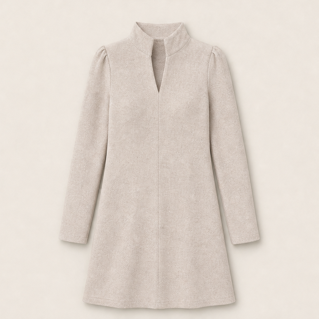 Novarra – Abito Scollo a V Collo Alto Manica Lunga Beige