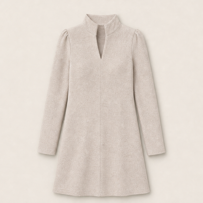 Novarra – Abito Scollo a V Collo Alto Manica Lunga Beige