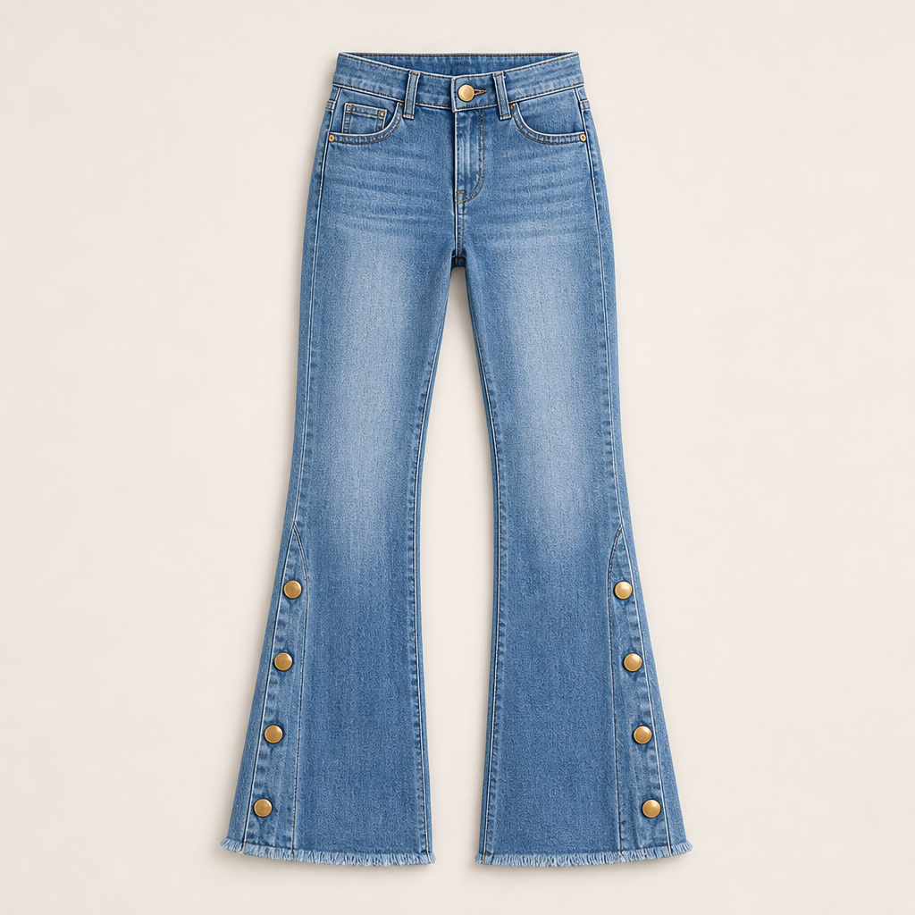 Vellira – Jeans a Zampa Vita Alta con Bottoni Light Blue