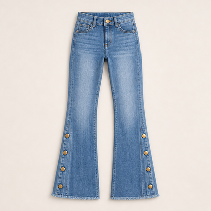 Vellira – Jeans a Zampa Vita Alta con Bottoni Light Blue