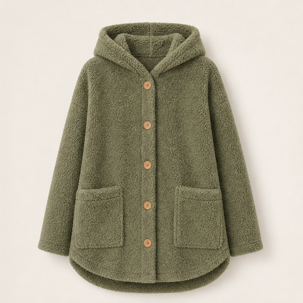 Orsetta – Giacca Lunga in Pile Teddy con Cappuccio Olive Green