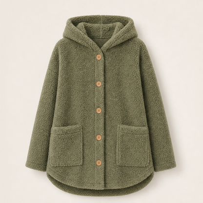 Orsetta – Giacca Lunga in Pile Teddy con Cappuccio Olive Green