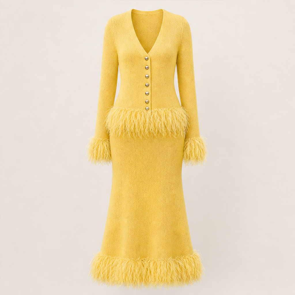 Piumetta – Completo Gonna in Maglia con Frange di Piume Yellow
