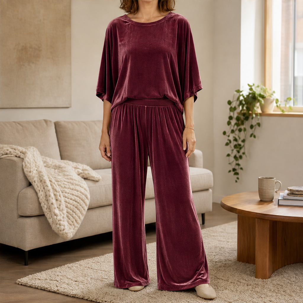 Velmora – Completo in Velluto Top e Pantaloni Palazzo Burgundy
