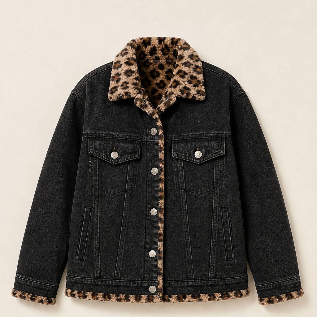 Velmora – Giacca di Jeans Reversibile con Interno Leopardo Black