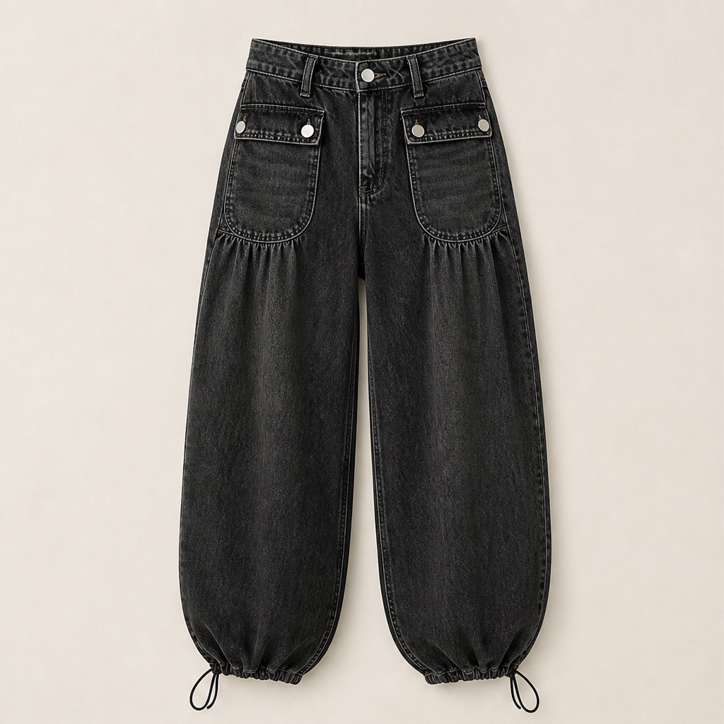 Vallonda – Jeans Baggy a Vita Alta con Coulisse Black
